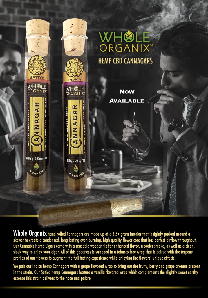 Two cannagars displayed next to a gentleman lighting them with a description beneath. Smoothest smoke one could ever experience, according to our customers.